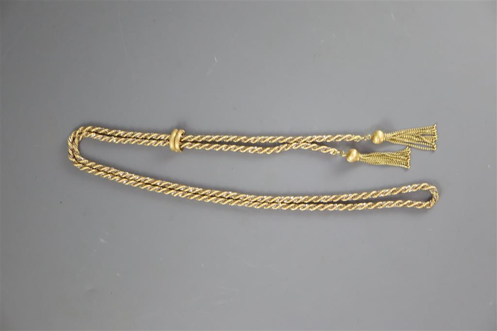 A 1970s 18ct. two colour gold ropetwist sautoir necklace,